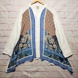 Chicos Boho Patchwork Tunic Top Large Blue Paisley Artsy Coastal Cottagecore